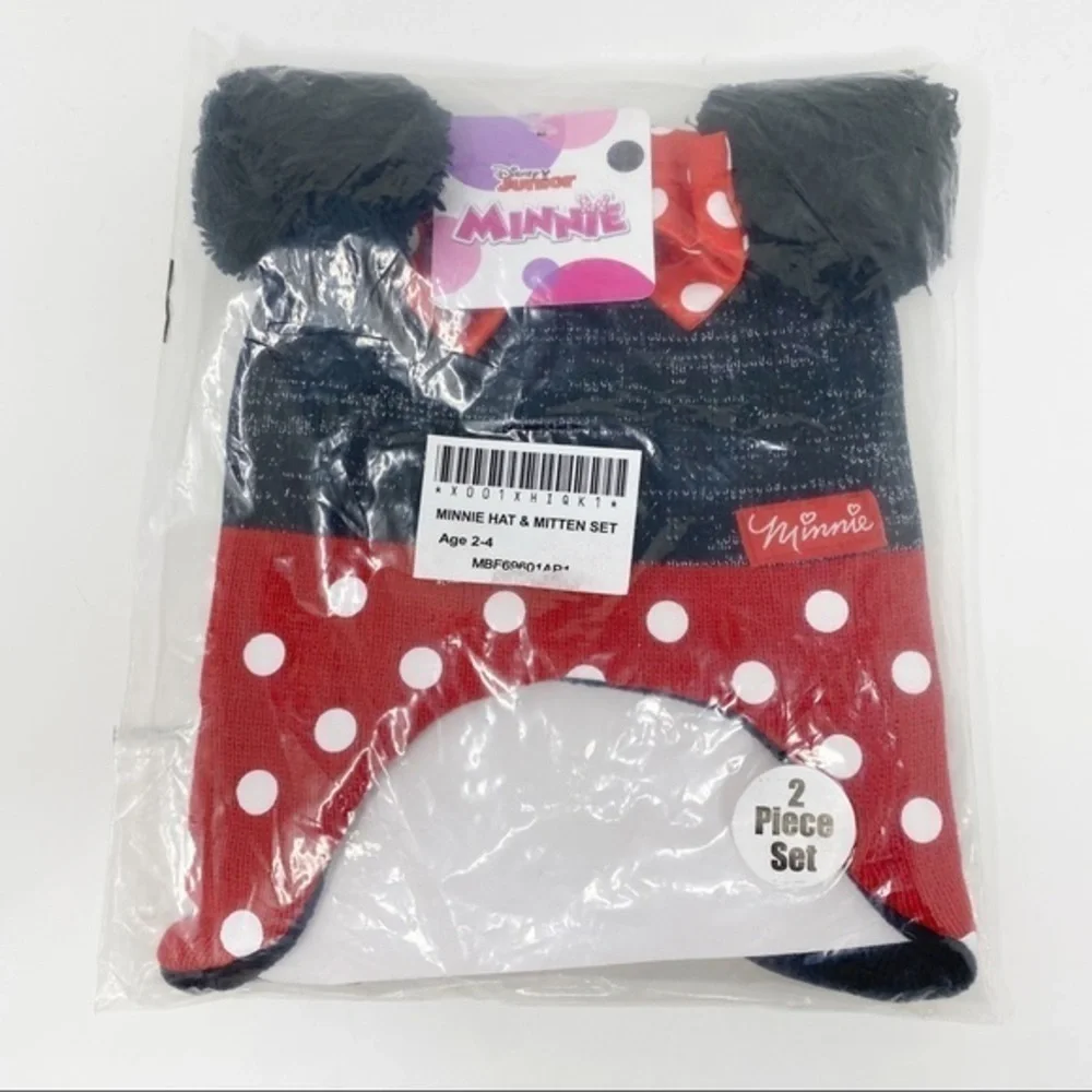 Disney Minnie Mouse Hat and Mittens Set Red Black Ages 2-4 years